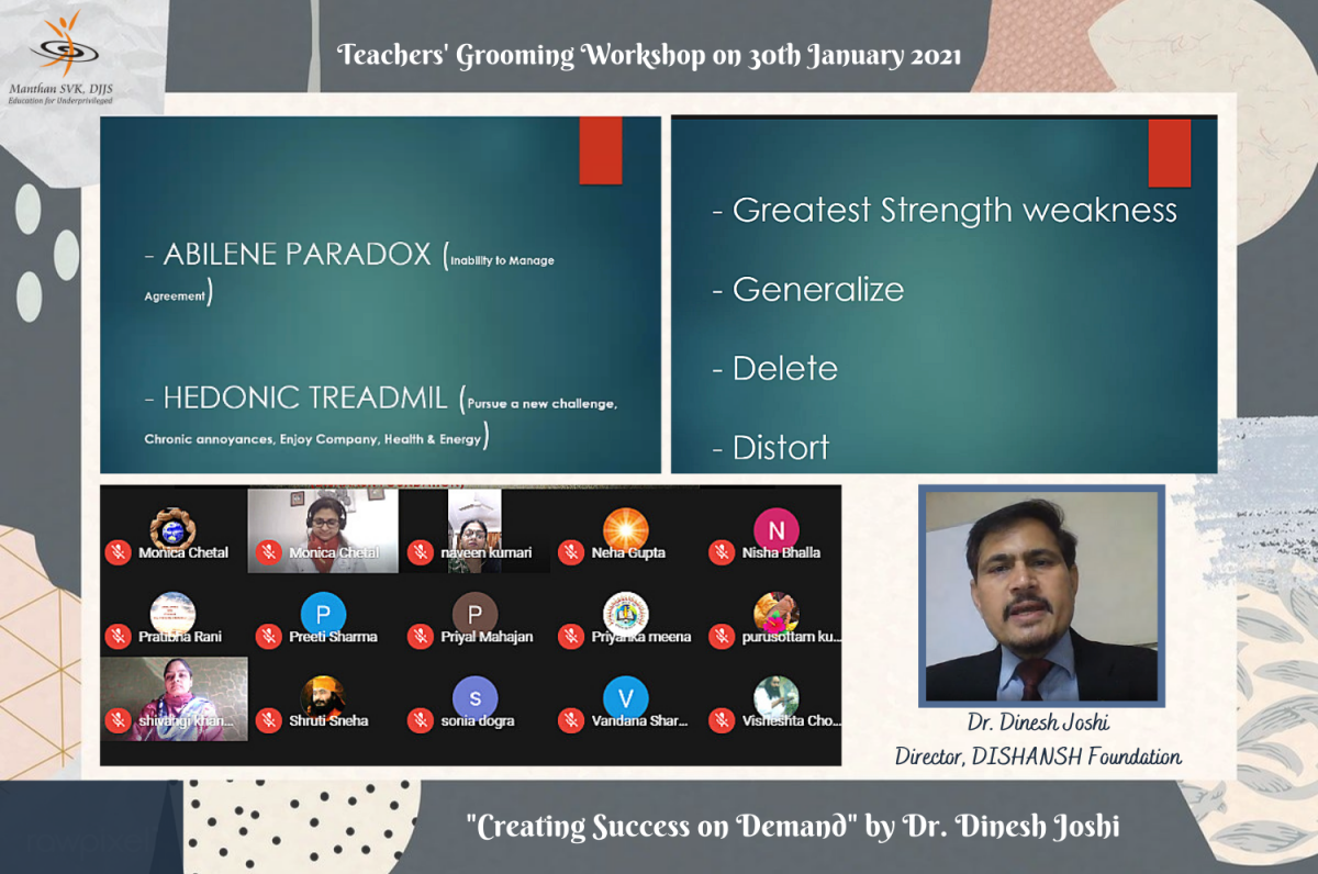 Manthan SVK organised Virtual Teachers’ Grooming Workshop – “Creating Success on Demand”